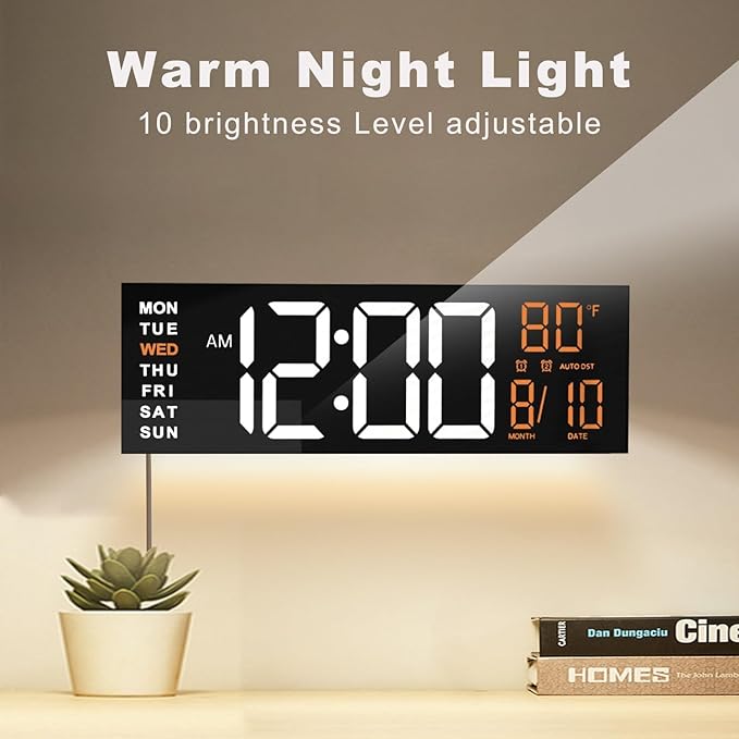 JALL 16" Large Digital Wall Mount Clock, Count Down Timer, Alarm, Big LED, RGB Color, DST, Temperature for Living Room Classroom Desk, Xmas, Birthday Gift Digital Wall Clock for Senior (White Orange)