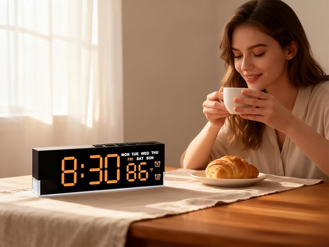 45MinST 7-Inch LED Digital Alarm Clock with Bottom Glow Light｜Displays Time, Date, Day, Temperature｜Dual Alarms, DST, Auto/Manual 3-Level Brightness, Battery or USB Powered Desk Clock,Orange