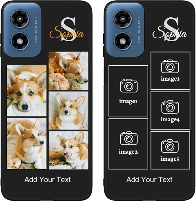 Personalized Picture Case for Motorola Moto G Play 2024 Customized Name Initials Phone Cover, Custom Multi-Picture Collage Shock-Resistant Soft Protective TPU Case, Gifts for Mother's Day, Black