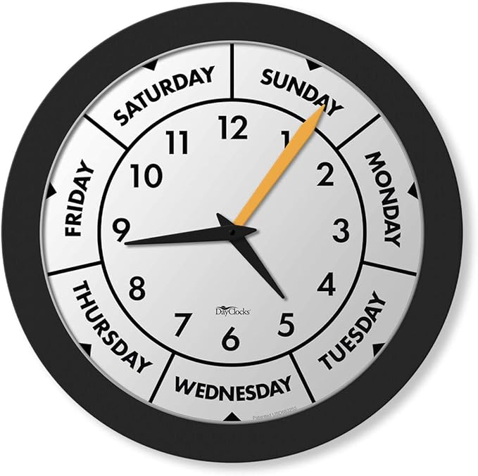 Time & Day of The Week Wall Clock with 12” Modern Black Frame – – Ideal Retirement Gift for Men and Women, Day Clock for Seniors and Retirees
