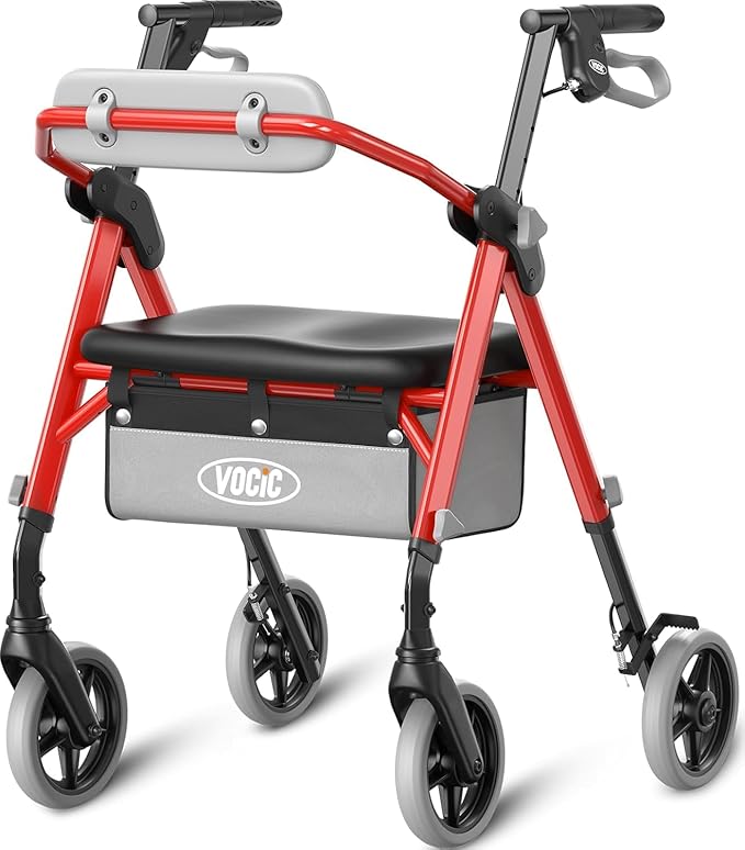Walker for Seniors, 380lb Capacity, Walker with Seat & Backrest, All-Terrain Wheels, Adjustable Height, Foldable Compact Design
