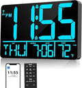 13" Bluetooth Auto Sync Wall Clock - Large Digital Alarm Clock with Remote, 25 Ringtones, Dual Alarm, Adjustable Brightness, 12/24H, Auto DST, for Living Room, Kitchen, Office, Elderly（Blue）