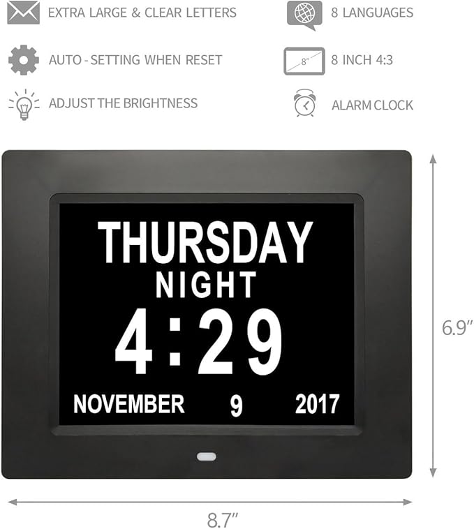 SSA Digital Calendar, 8 Inch Digital Calendar Day Clock with Clear Large Wall Hanging Pefect for Memory Loss Elderly Seniors