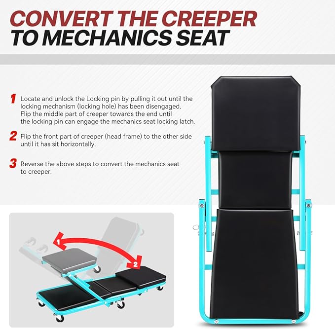 Foldable Creeper, 2-in-1 Rolling Garage Z Creeper Car & Seat, 36" Roller Mechanics Under Car Chair, 330 LBS Weight Capacity Heavy Duty, Ocean Blue