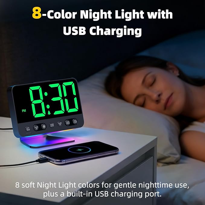 Digital Alarm Clock with Large Numbers for Bedrooms: Bold Display Readable Across The Room with 5 Level Brightness - 5 Alarm Sounds 8 Night Lights for Kids Seniors Teens - Green