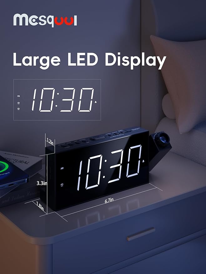 Mesqool Digital Projector Alarm Clocks for Kids Bedroom,Plug-in Clock with 180° Projection on Ceiling Wall,Dual Alarms for Heavy Sleepers,Battery Backup,USB Charging Port,Easy-to-Set,Dimmer,Snooze