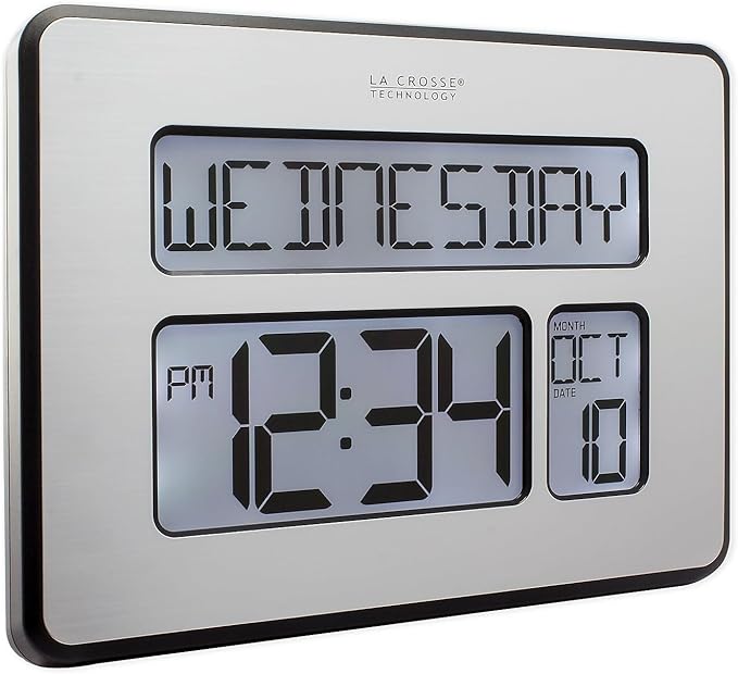 La Crosse Technology C86279 Atomic Full Calendar Clock with Extra Large Digits, Grey, 11.25 in. x 2.10 in. x 12.00 in.
