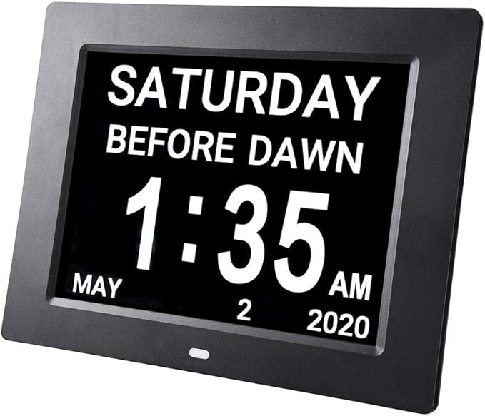 Yescom 8 Inch Large Digital Calendar LCD Day Clock for Elderly, 8 Alarms Options Dimmable Dementia Clock for Seniors Day & Date w/Large Number,Easy to Read, Home Wall Table Black