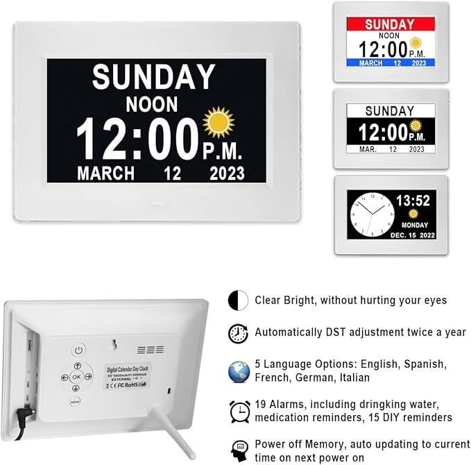 MASSII 7" Black +7" White Digital Clock with Auto DST and 20 Alarms Custom Reminders, Non-Abbreviated Calendar Day Date Clock for Seniors Dementia Alzheimers'