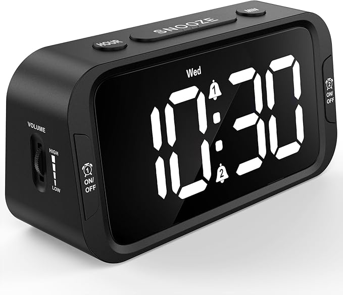 Odokee Digital Dual Alarm Clock for Bedroom, Easy to Set, 0-100% Dimmer, USB Charger, 5 Sounds Adjustable Volume, Weekday/Weekend Mode, Snooze, 12/24Hr, Battery Backup, Compact Clock for Bedside