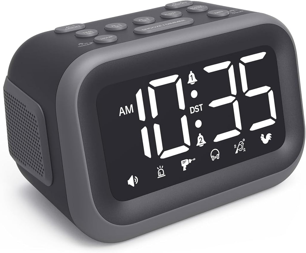 Acedeck Super Loud Alarm Clock: 115dB Dual Alarms and 6 Alarm Sounds for Heavy Sleepers - Adult Shift Workers in Bedroom or Daily Wake-Up Use - Gray