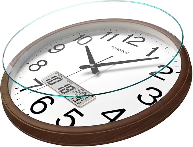 TIMESS Wall Clock, Classic Wood Style Finish, 13 Inch Non-Ticking Silent Battery Operated Quartz Analog with Perpetual Calendar and F° Temperature Display, Home, Office Décor (Chestnut Brown)