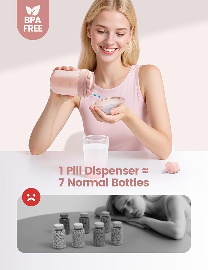 Large Sealed Pill Organizer with Desiccant, Light-Proof Moisture-Proof Pill Bottle with 7 Large Compartments, Anti-Mixing Touch-Free Pill Dispenser, BPA-Free Vitamin Organizer with Handle, Rose Gold