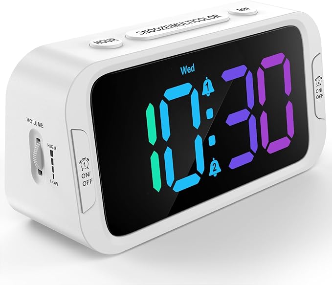 Odokee Dual Colorful Alarm Clock for Kids Bedroom - 0-100% Dimmer, 5 Alarm Sounds, USB Charger, Easy to Set, Weekday/Weekend Mode, Snooze, 12/24Hr, Battery Backup, Digital Clock for Teens Boys Bedside