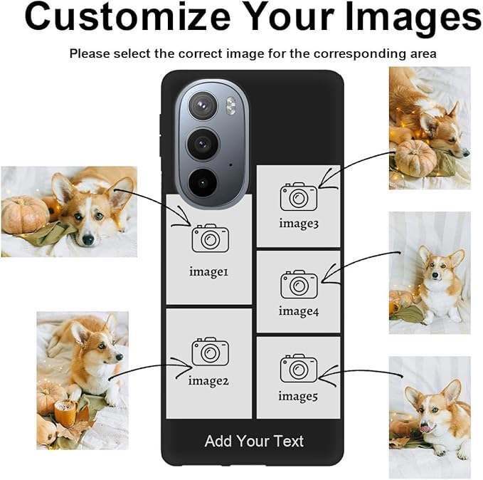 Personalized Picture Case for Motorola Moto Edge Plus 2022 Customized Name Initials Phone Cover, Custom Multi-Picture Collage Shock-Resistant Soft Protective TPU Case, Gifts for Mother's Day, Black