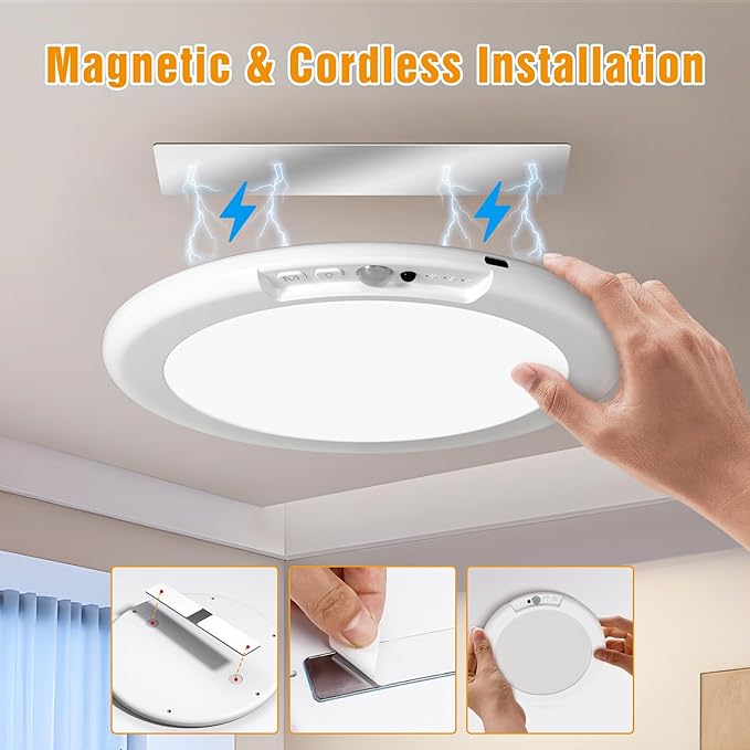 2 Pack Rechargeable Motion Sensor Closet Light, Wireless Ceiling Light Battery Operated Shower Light with Remote, Magnetic Dimmable Timing Motion Sensor Light for Shower Closet Bathroom