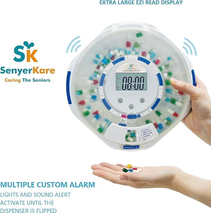 28-Day Automatic Pill Dispenser with Alarm for Elderly Sound and Light Alerts Locked Medication Organizer