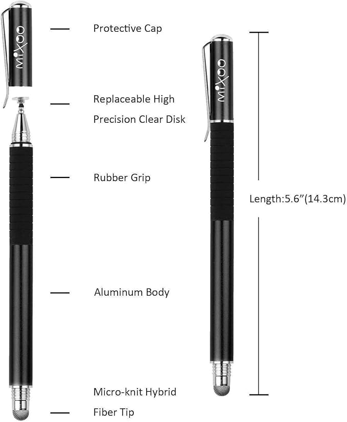 Mixoo Universal Stylus Pen for Touchscreen iPhone iPad Android Tablet Apple Kindle Switch Chromebook Galaxy All Touch Screens, Disc & Fiber Tip 2 in 1 Stylus Pens for Touch Screens (6 Black)
