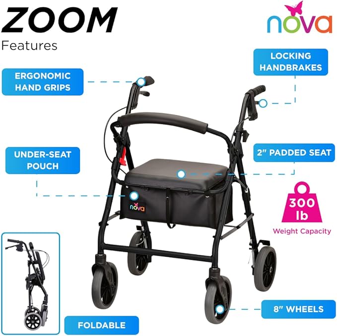 NOVA Medical Products Zoom Rollator Walker with 22" Seat Height, Black, 22 Inch