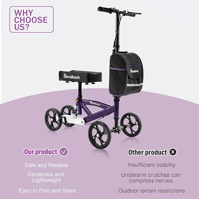 BlessReach Steerable Knee Walker Deluxe Medical Scooter for Foot Injuries Compact Crutches, with Dual Rear on-Wheel Brake and Shock Absorption Under The Knee pad（Purple）