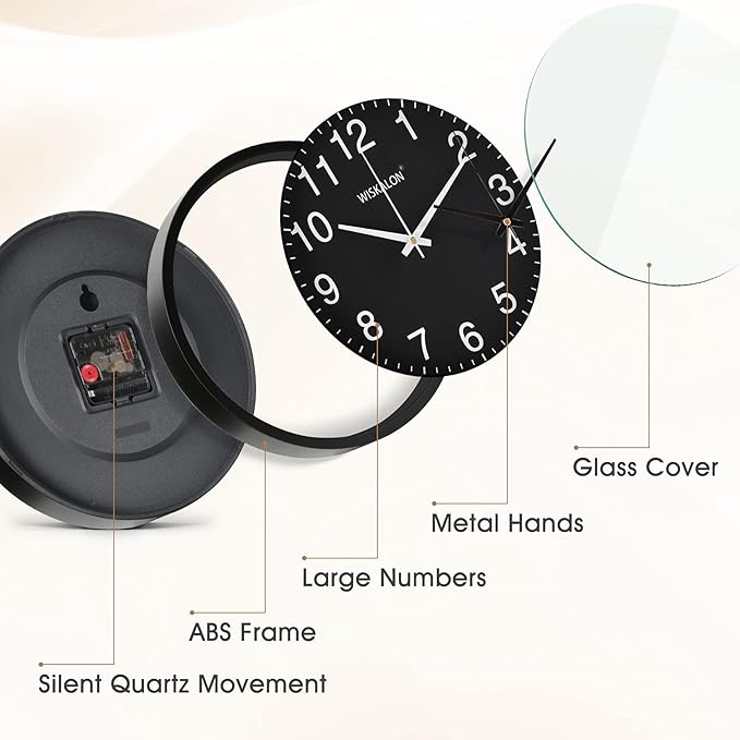 WISKALON 10 inch Wall Clock,Silent Non-Ticking Elegant Black Frame Wall Clock,Classic Digital Wall Clock with Glass,Battery Operated Round Wall Clock,Easy to Read Home/Office/School Black Wall Clock
