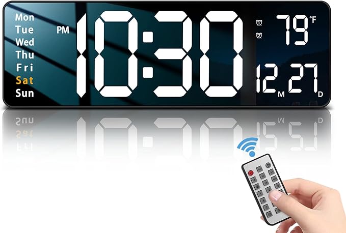 JoFomp Modern 16" Large Digital Wall Clock with Remote Control, LED Display, Auto-Dimming, Countdown, Temperature, Calendar - 12/24Hr Format - Silent Wall Clock for Home, Office, or Gym Use (White)