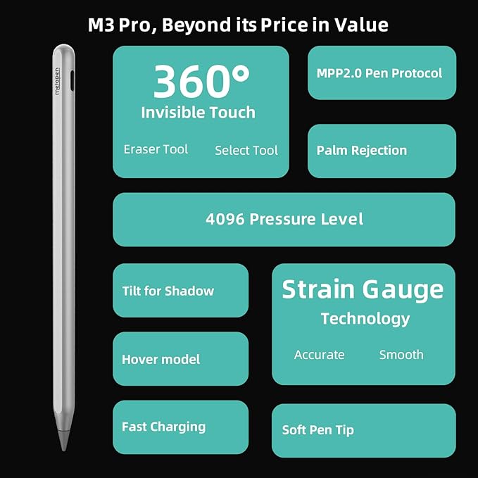 Metapen Stylus Pen M3 Pro - 4096 Pressure Levels, 360° Touch Button - Surface Pro 7/8/9/X, Go 3/Book 3/Laptop 4/Studio 2, ASUS VivoBook Flip 14 - for Creators & Students