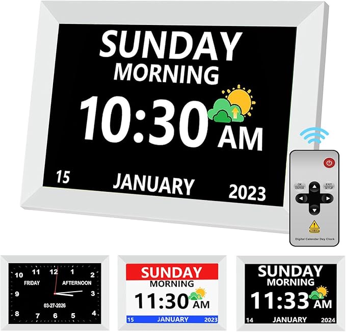 MRCHYDZ 10 Inch Clock with Day and Date for Elderly Large Display Digital Clocks 12 Alarm 3 Display Modes Large Font Alzheimer's Clock Alarm Clocks for Seniors Auto DST 10in White