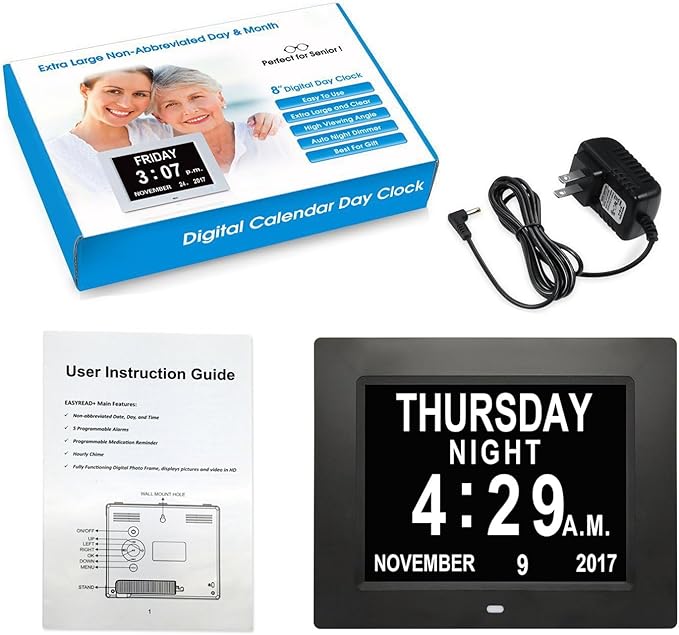 SSA Digital Calendar, 8 Inch Digital Calendar Day Clock with Clear Large Wall Hanging Pefect for Memory Loss Elderly Seniors
