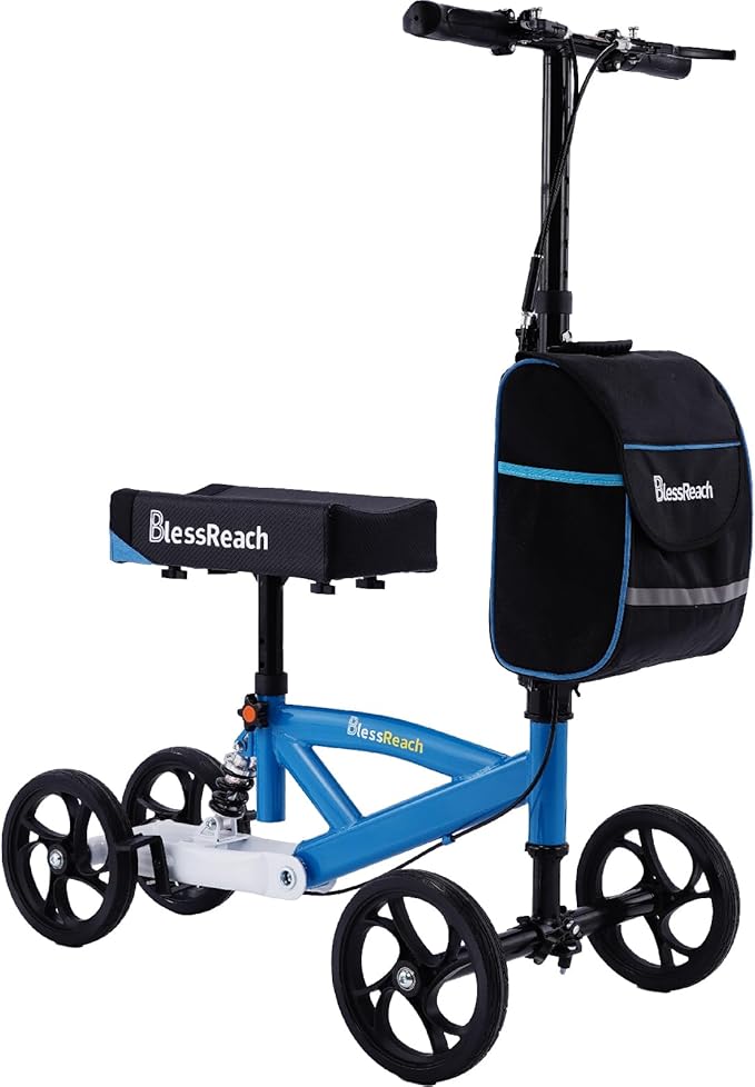 BlessReach Steerable Knee Scooter Deluxe Medical Scooter for Foot Injuries Compact Crutches, with Dual Rear on-Wheel Brake and Shock Absorption Under The Knee pad（Blue）