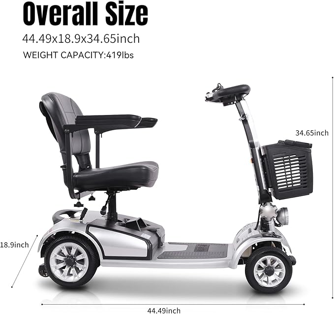 Movcan S-01 4 Wheel Electric Mobility Scooter for Adults & Seniors, 419 LB Heavy Duty,22 Miles Rang &4MPH,Foldable Travel Scooter with Basket,360° Swivel Seat,Electromagnetic Brake&Turn Signal Lights