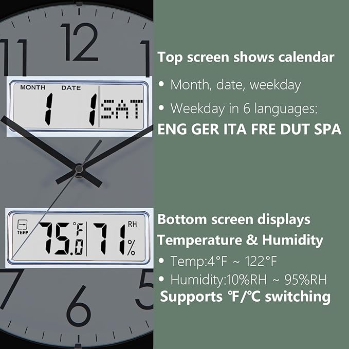 Nbdeal 13-Inch Analog Silent Wall Clock with Calendar Temperature & Humidity (White)