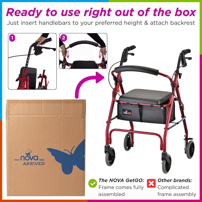 NOVA GetGo Petite Narrow Rollator Walker for Seniors, Lightweight Folding Rolling Walker with Seat, Lock N Load for Easy Transport & Storage, Adjustable Fit 4'10"–5'4", Red
