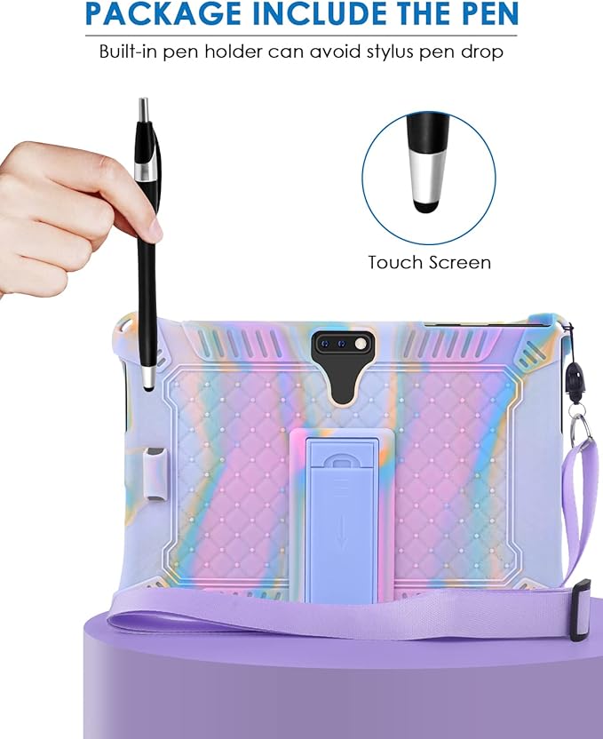 DETUOSI Feonal 10 inch Silicone Case with Shoulder Strap & Stylus Pen, Multi-Angle Stand Tablet Case, Soft Lightweight Cover for Winsing MTK 10 inch Tablet, ANTEMPER Touch, Rose Red & Purple