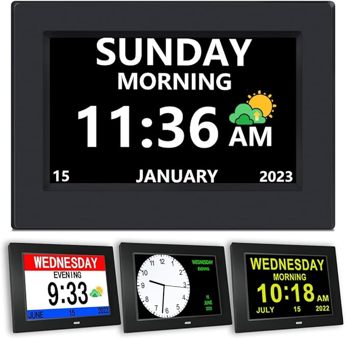 AINFTIME DST Digital Clock with Date and Day of Week for Elderly-12 Alarms Medication Reminder Dementia Alzheimers Clock Calendar with Extra Large Display (7 inch Black)