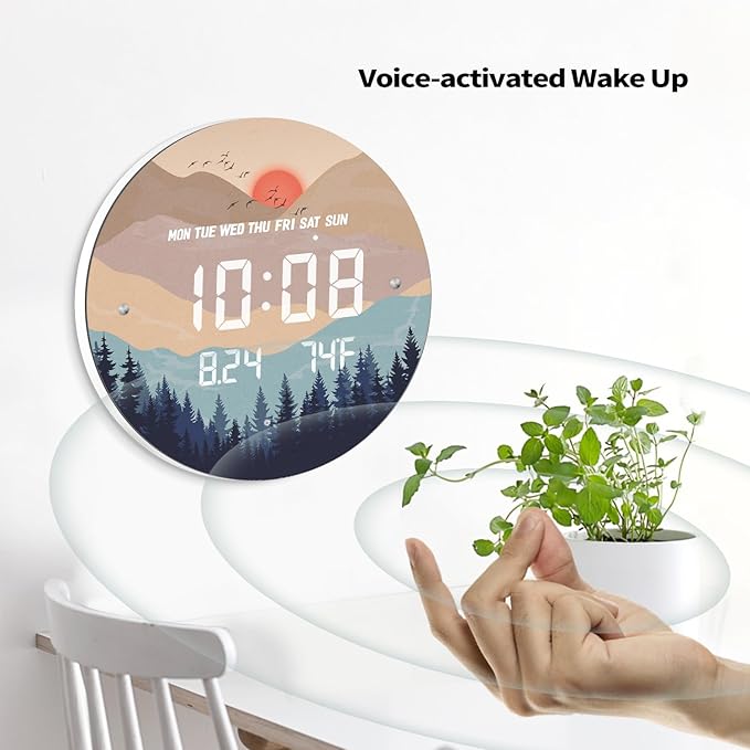 12'' Smart LED Wall Clock, Sunset Wilderness Art, Radar & Voice Activated, Auto Dimming, Large Display with Temp Date Day, 12/24H, Rechargeable for Living Room Bedroom Office Decor