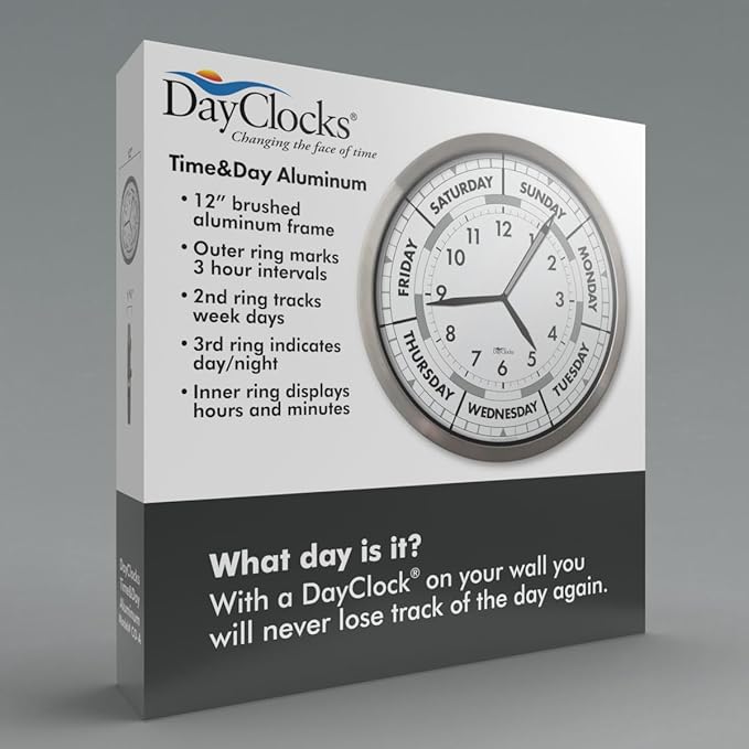 Time & Day of The Week Wall Clock with 12” Modern Aluminum Frame – – Ideal Retirement Gift for Men and Women, Day Clock for Seniors and Retirees