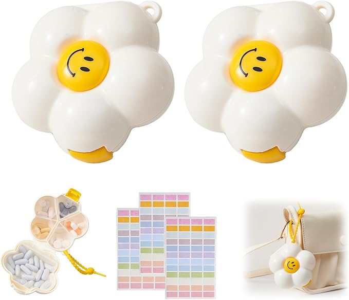 2 Pack Small Pill Organizer Travel Pill Case for Purse, 6 Compartment Pill Box with Stickers, Floral Smiley Weekly & Daily Vitamin Medication Organizer(Cream White)
