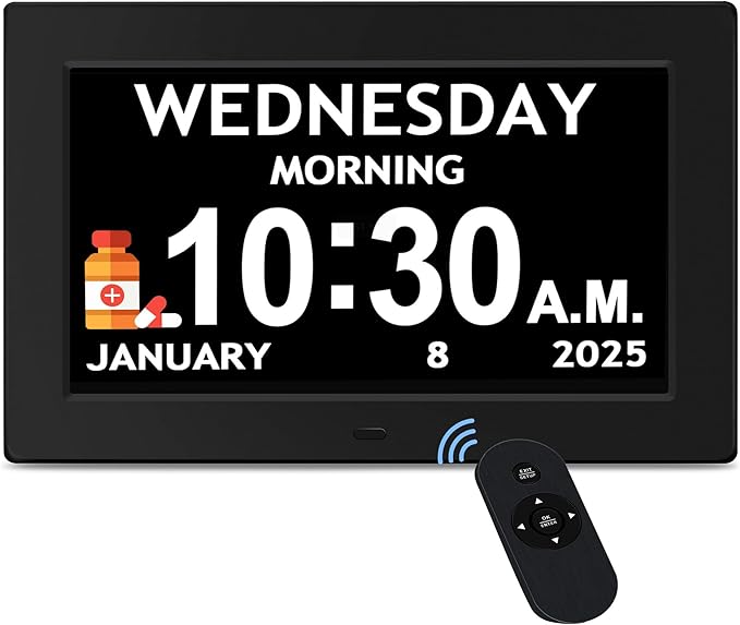 10.1'' Digital Clock With Date And Time, Dementia Clock, Large Display Alarm Clock For Seniors, 10Reminders, 6Alarms, Auto-Dimming, Auto DST, Remote Control, Gifts For People With Dementia, Black
