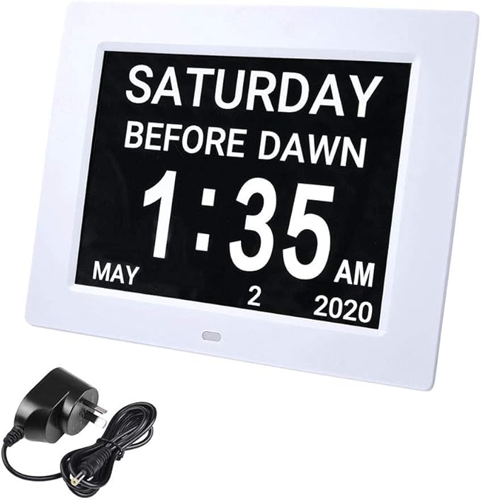 Yescom 8" Large Digital LCD Day Clock 8 Alarm Options Dimmable Calendar for Elderly Dementia Home Wall Table White