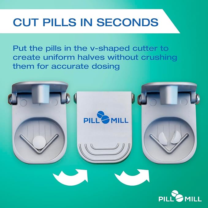 Pill Cutter Splitter with Pill Box by Pill Mill - Blade that Will Never Dull - Grip Handle Cuts Small or Large Pills with Ease - Light and Durable Tablet Divider - Perfect Medicine Slicer for Travel
