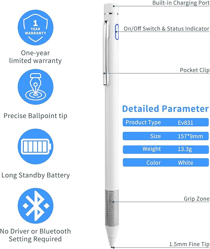 Stylus Pencil for iPhone 14/15/16/17 Pro Max Pen,Minilabo Touch Screens Active Stylus Digital Pen with 1.5mm Ultra Fine Tip Stylist Pen for iPhone 14/15/16/17 Pro Max Drawing and Writing Pencil,White