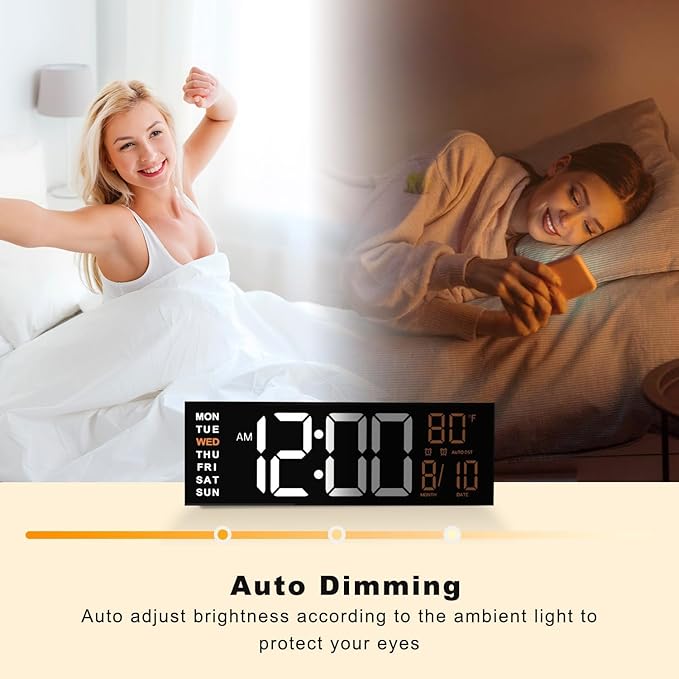JALL 16" Large Digital Wall Mount Clock, Count Down Timer, Alarm, Big LED, RGB Color, DST, Temperature for Living Room Classroom Desk, Xmas, Birthday Gift Digital Wall Clock for Senior (White Orange)