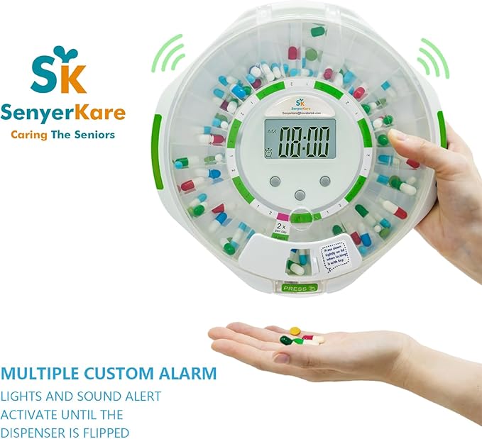 Automatic Pill Dispenser with Lock for Caregivers | 28-Day Medication Organizer for Seniors | 6 Daily Alarms & Flashing Light Reminder - No App or WiFi Needed