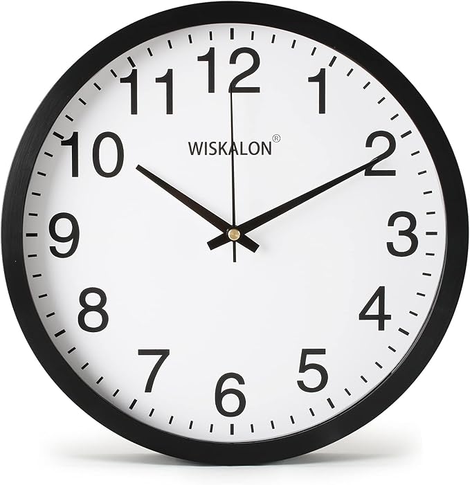 WISKALON 10 inch Silent Non-Ticking Elegant Black Frame Wall Clock,Classic Digital Wall Clocks with Glass,Battery Operated Easy to Read Decorative for Home Office School Kitchen White