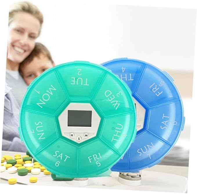 Mikinona Compartment Electronic Alarm Clock Medicine Reminder Box with See-Through Lids Daily Alarms Portable Weekly Pill Organizer for Patients Green English Edition