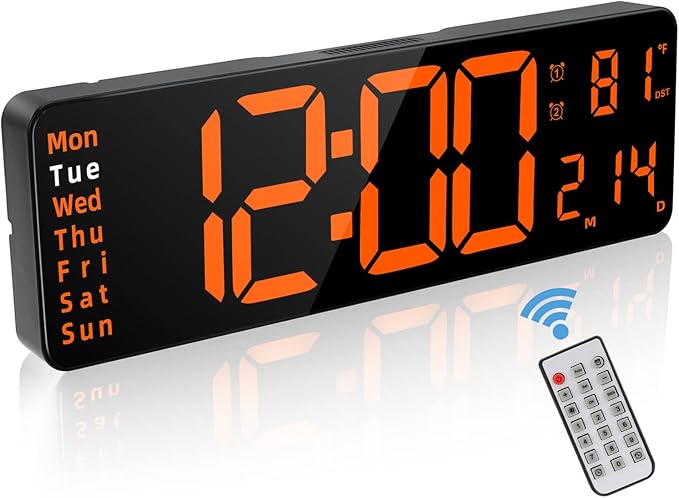 JoFomp Large Display Digital Alarm Clock for Bedroom, Living Room and Office - LED Electronic Clock with DST, Temperature Display - Dimmer & Battery Backup - Modern Desk and Wall Clock (Orange)