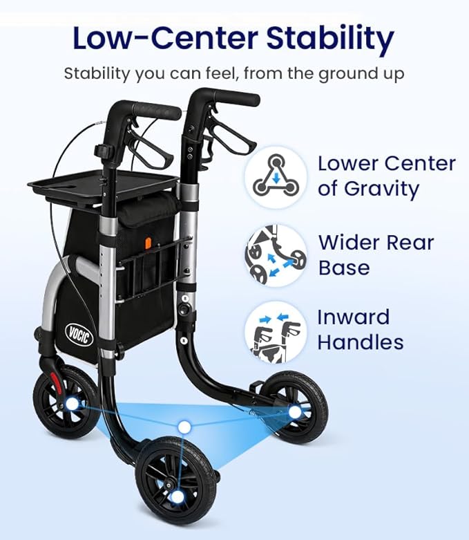 VOCIC 3 Wheel Walkers for Seniors,Z25 Pro Foldable Rollator with 8" Airless Tires & Non-Slip Tray, Cane Holder & Cup Holder, Lightweight Three Wheel Rolling Walker Height Adjustable, Supports 300 lbs