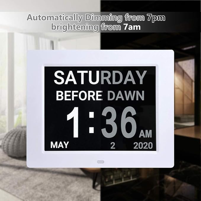Yescom 8" Large Digital LCD Day Clock 8 Alarm Options Dimmable Calendar for Elderly Dementia Home Wall Table White