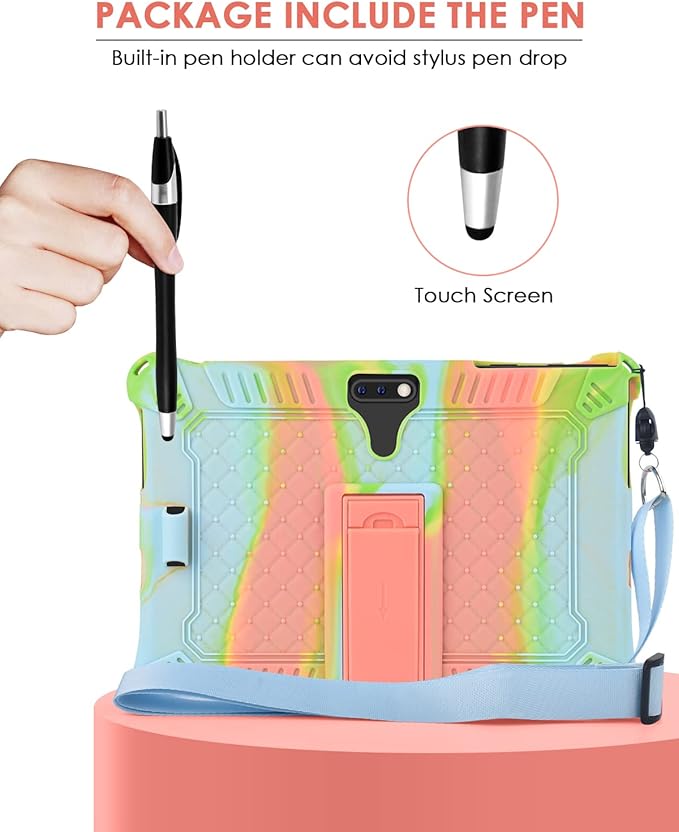 DETUOSI Feonal 10 inch Silicone Case with Shoulder Strap & Stylus Pen, Multi-Angle Stand Tablet Case, Soft Lightweight Cover for Winsing MTK 10 inch Tablet, ANTEMPER Touch, Orange Pink & Blue